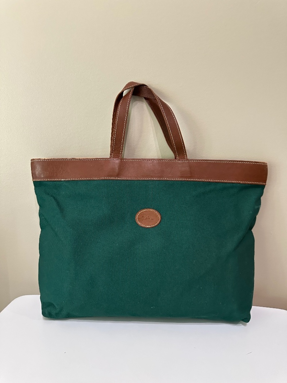 Vintage Longchamp le pliage Green Canvas & Brown Leather Tote Bag Messenger Bag